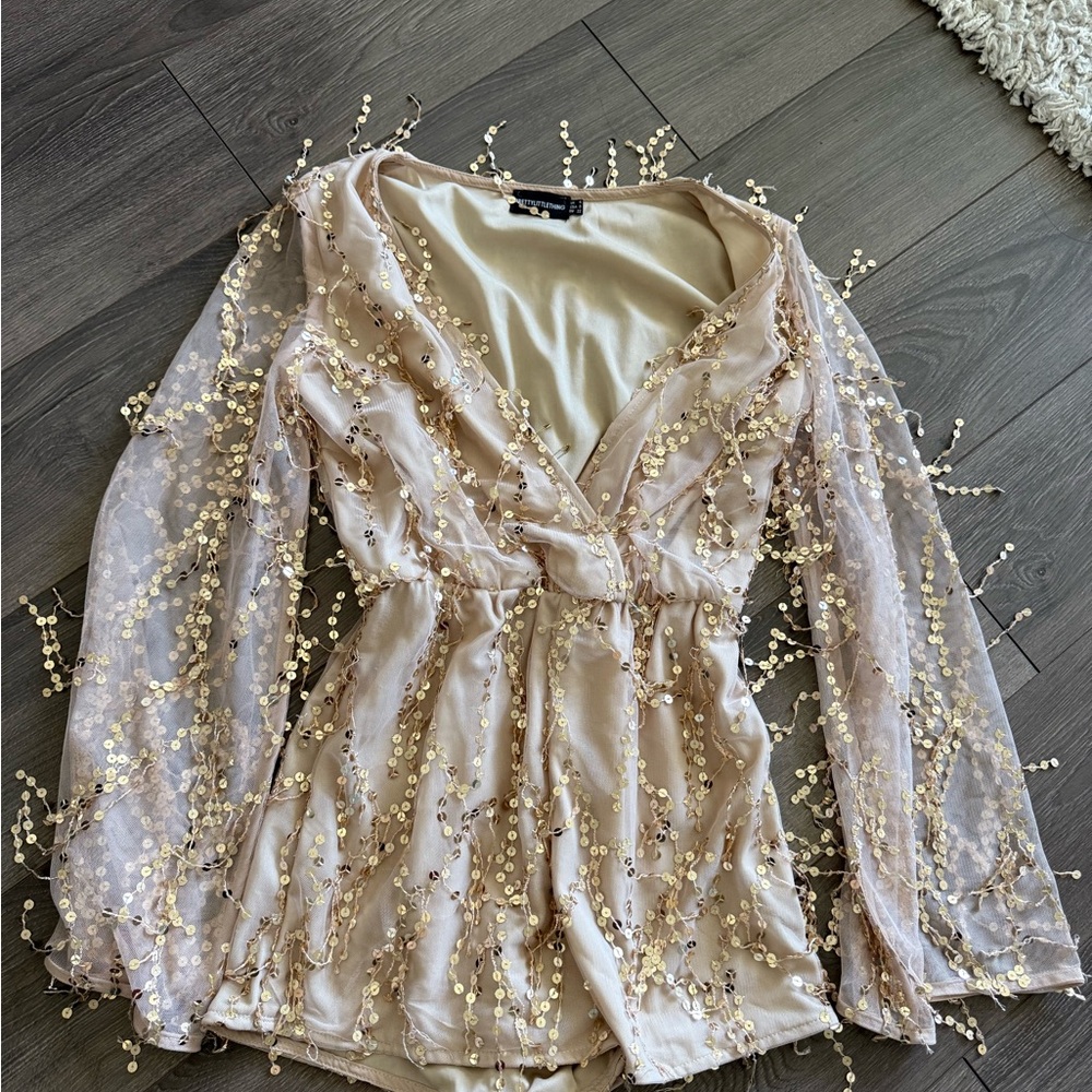 PrettyLittleThing Sequin-Trim Beige Romper